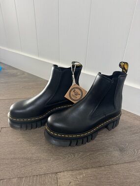 Dr. Martens Black Leather Chelsea Platform Lug Boots with Yellow Stitching